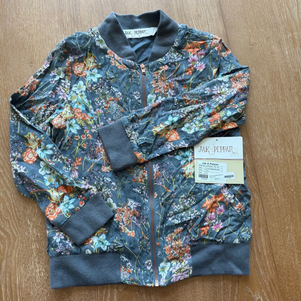 Jak & Peppar Girls Jimmy Thing Bomber Jacket Floral Slate Blue Size 5